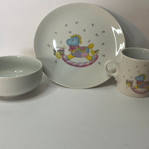 Retro 90s 3 Piece Japan Porcelain Baby Place Setting Set Quilted Rocking Horse - Picture 2 of 7
